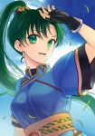  1girl :d arm_up black_gloves day earrings fingerless_gloves fire_emblem fire_emblem:_the_blazing_blade floating_hair gloves green_eyes green_hair high_ponytail jewelry kiyuu long_hair lyn_(fire_emblem) open_mouth outdoors short_sleeves smile solo upper_body very_long_hair 