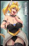  1girl artist_name bangs black_border black_legwear black_leotard blonde_hair blue_eyes blush border bowsette bracelet breasts cameltoe character_name cleavage cleft_of_venus collar collarbone commentary covered_navel cowboy_shot crown earrings english_commentary english_text eyebrows_visible_through_hair fingernails glint hand_on_own_face hands_up happy highres horns huge_breasts jewelry legs_together leotard light_blush lips lizard_tail looking_at_viewer mario_(series) mixed-language_commentary new_super_mario_bros._u_deluxe open_mouth outside_border patreon_username ponytail sano_br sharp_fingernails sharp_teeth shiny shiny_clothes shiny_hair shiny_skin smile solo spiked_bracelet spiked_collar spiked_shell spikes standing strapless strapless_leotard super_crown tail teeth thighhighs tied_hair tongue tongue_out turtle_shell watermark web_address wide_hips 