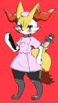 1girl absurdres animal_ear_fluff animal_ears animal_nose barefoot black_fur blush body_fur braixen breast_pocket chizi clipboard closed_mouth clothed_pokemon commentary_request dress flat_chest fox_ears fox_girl fox_tail full_body furry gen_6_pokemon hand_on_hip hand_up hat highres holding nurse nurse_cap paws pink_dress pocket pokemon pokemon_(creature) red_background red_eyes short_sleeves simple_background sketch snout solo standing syringe tail white_fur yellow_fur 