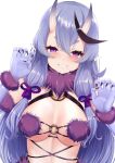  1girl absurdres bikini black_hair blush breasts cosplay dangerous_beast elbow_gloves fate/grand_order fate_(series) fingernails fur_trim gloves grin highres horns long_hair looking_at_viewer mash_kyrielight mash_kyrielight_(cosplay) mole mole_under_mouth nijisanji oni oni_horns purple_bikini purple_eyes purple_gloves purple_hair rindou_mikoto sharp_fingernails simple_background smile solo swimsuit toshise. very_long_hair virtual_youtuber white_background 