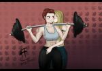  2girls abs artist_name blonde_hair blush cheek_kiss closed_eyes copyright_request grin highres kiss korchevskytea long_hair md5_mismatch multiple_girls navel pants red_eyes red_hair resolution_mismatch self_upload signature smile source_smaller tank_top toned weightlifting yuri 