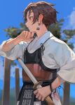  1boy absurdres asa_no_ha_(pattern) bandages blurry bougu bracelet brown_hair chyoel day depth_of_field dougi hakama hanafuda highres japanese_clothes jewelry kamado_tanjirou kimetsu_no_yaiba looking_afar male_focus outdoors scar scar_on_face scar_on_forehead scratches shinai solo sweat sword weapon wiping_face wiping_sweat 