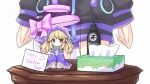  2girls adult_neptune black_jacket blonde_hair blue_eyes blush bow bowtie brand_name_imitation company_name dress embarrassed english_text frown full_body gift_wrapping hair_between_eyes happy_valentine highres histoire jacket jar kami_jigen_game_neptune_v long_hair long_sleeves looking_at_viewer lube minigirl multiple_girls neptune_(series) nervous novus_rue pun purple_dress sitting solo_focus tissue tissue_box twintails valentine white_legwear 
