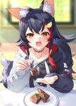  1girl animal_ear_fluff animal_ears black_choker black_hair black_hoodie blurry blurry_background blush cake chocolate_cake choker collarbone commentary english_commentary eyelashes feeding food fork hair_between_eyes hair_ornament holding holding_fork hololive hood hoodie izumi_sai light_rays long_hair long_sleeves looking_at_viewer multicolored_hair ookami_mio open_mouth orange_eyes pov_across_table red_hair sitting sleeves_past_wrists smile solo streaked_hair sunlight symbol_commentary two-tone_hair two-tone_hoodie upper_body virtual_youtuber white_hoodie wolf_ears 