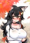  1girl :3 animal_collar animal_ear_fluff animal_ears arms_under_breasts ashiga_oreta autumn autumn_leaves bangs black_hair blush breast_hold breasts collar collarbone crossed_arms embarrassed flipped_hair hair_between_eyes highres hololive large_breasts long_hair long_sleeves looking_at_viewer multicolored_hair nervous nervous_smile ookami_mio red_hair shirt solo streaked_hair sweat upper_body very_long_hair virtual_youtuber white_shirt wolf_ears wolf_girl yellow_eyes 