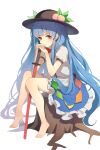  1girl absurdres bare_legs barefoot black_headwear blue_hair dampi feet food fruit full_body hat highres hinanawi_tenshi leaf long_hair looking_at_viewer peach puffy_short_sleeves puffy_sleeves red_eyes shirt short_sleeves simple_background sitting skirt solo sword_of_hisou touhou tree_stump very_long_hair white_background white_shirt 