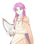  1girl braid breasts cape facial_mark fae_(fire_emblem) fire_emblem fire_emblem:_the_binding_blade forehead_mark green_hair harp holding holding_instrument instrument kashiwabooks long_hair looking_at_viewer medium_breasts older pink_hair pointy_ears solo upper_body 