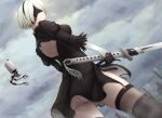  1girl 2020 ass back_cutout black_dress black_legwear breasts closed_mouth clothing_cutout cloud cloudy_sky commentary_request covered_eyes dated dress dutch_angle from_below gloves holding holding_sword holding_weapon long_sleeves medium_breasts miyai_sen nier_(series) nier_automata panties short_dress short_hair shoulder_blades silver_hair sky solo standing sword thighhighs underwear weapon white_panties yorha_no._2_type_b 