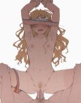  1boy 1girl arm_grab armpits blonde_hair blush censored covered_eyes flat_chest hetero leg_grab long_hair lying mdf_an missionary mosaic_censoring navel nipples on_back open_mouth original penis sex simple_background solo_focus vaginal white_background 