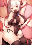  1girl arm_up armpits bare_shoulders black_gloves black_legwear black_panties breasts candy chocolate chocolate_heart cleavage covered_navel covered_nipples covering_mouth food gloves heart large_breasts lingerie lying nagareboshi on_back original panties red_eyes short_hair side-tie_panties solo string_panties suggestive_fluid thighhighs thighs underwear underwear_only valentine white_hair 