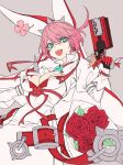  1girl ahoge animal_ears belt black_hair blue_eyes bracelet breasts bridal_veil bunny_ears cleavage cleavage_cutout clothing_cutout clover dress earrings elphelt_valentine fake_animal_ears flower four-leaf_clover guilty_gear guilty_gear_xrd gun hair_between_eyes handgun highres hoe-l holding holding_weapon jewelry large_breasts looking_at_viewer medium_hair open_mouth pink_hair pistol rose solo spiked_bracelet spikes veil weapon wedding_dress 