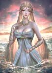  1girl abigail_diaz aqua_eyes artist_name bare_shoulders blonde_hair breasts commentary dress jewelry lake large_breasts long_hair necklace outdoors parted_lips partially_submerged patreon_username pointy_ears princess_zelda red_lips solo the_legend_of_zelda the_legend_of_zelda:_breath_of_the_wild very_long_hair water watermark web_address white_dress 