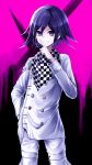  1boy bangs black_background checkered checkered_neckwear checkered_scarf commentary_request cowboy_shot danchu_(danchu0628) danganronpa_(series) danganronpa_v3:_killing_harmony double-breasted hair_between_eyes hand_in_pocket hand_up highres index_finger_raised jacket long_arms long_sleeves looking_at_viewer male_focus ouma_kokichi pants pink_background purple_eyes purple_hair scarf short_hair smile solo standing straitjacket white_jacket 