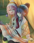  2girls beanie blanket blue_eyes blue_hair blush carpet commentary eye_contact hat highres holding_hands interlocked_fingers kagamihara_nadeshiko kinako_mochi long_hair looking_at_another multiple_girls open_mouth pink_hair pom_pom_(clothes) purple_eyes shima_rin shirt sitting sweater tent under_covers wariza winter_clothes yuri yurucamp 