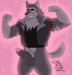  2021 absurd_res anthro balls bottomless canid canid_demon canine canis clothed clothing demon eye_scar facial_scar fur genitals gorrizz hellhound helluva_boss hi_res male mammal muscular muscular_anthro muscular_male penis scar signature topwear vest vortex_(vivzmind) wolf 