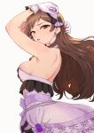  1girl arm_behind_head arms_up bangs bare_shoulders breasts brown_eyes brown_hair commentary_request cowboy_shot dress dress_flower earrings floating_hair floral_print flower flower_earrings from_side gloves grey_background hair_ornament heart heart_hair_ornament highres idolmaster idolmaster_million_live! idolmaster_million_live!_theater_days jewelry kitazawa_shiho layered_dress long_hair looking_at_viewer looking_to_the_side medium_breasts necklace nekoi_mie parted_bangs parted_lips pearl_(gemstone) print_dress purple_dress purple_flower purple_gloves purple_rose rose rose_print shiny shiny_hair simple_background solo standing strapless strapless_dress wavy_hair 