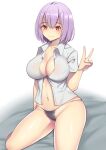  1girl absurdres arm_at_side bangs bare_legs black_panties breasts cleavage closed_mouth collared_shirt commentary eyebrows_visible_through_hair gridman_universe hand_up highres large_breasts looking_at_viewer navel panties purple_hair red_eyes shinjou_akane shirt short_hair sitting smile solo ssss.gridman underwear v white-framed_eyewear xperiajoker 