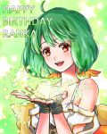  1girl :d ahoge akira_ituki bangs character_name collarbone fingerless_gloves gloves green_background green_hair happy_birthday macross macross_frontier medium_hair open_mouth ranka_lee red_eyes shiny shiny_hair smile solo spaghetti_strap upper_body 