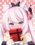  1girl absurdres animal_ears azur_lane bangs bare_shoulders blush bow box cat_ears cat_hair_ornament commentary_request covering_mouth detached_sleeves embarrassed eyebrows_visible_through_hair flat_chest gift gift_box hair_bow hair_ornament hair_ribbon hairband hammann_(azur_lane) highres holding holding_gift long_hair looking_at_viewer off_shoulder one_side_up polka_dot polka_dot_background retrofit_(azur_lane) ribbon sidelocks silver_eyes silver_hair simple_background solo valentine yuu_(user_ajkw3753) 