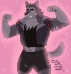  2021 absurd_res anthro bottomwear canid canid_demon canine canis clothing demon eye_scar facial_scar fur gorrizz hellhound helluva_boss hi_res male mammal muscular muscular_anthro muscular_male scar shorts signature topwear torn_clothing vest vortex_(vivzmind) wolf 