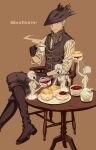  1boy 3others arizuka_(catacombe) bloodborne blue_eyes boots brown_background butter_knife chair coat commentary_request cream crossed_legs cup food gloves hat highres holding holding_cup holding_food hunter_(bloodborne) jam male_focus messengers_(bloodborne) multiple_others plate short_hair sitting sleeves_rolled_up steam table teacup tricorne white_hair 