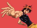  1boy abs bare_arms bare_shoulders black_hair commentary_request foreshortening grin headband ishimoto_shun&#039;ichi jojo_no_kimyou_na_bouken looking_to_the_side male_focus messy_hair narancia_ghirga official_style orange_skirt outstretched_arm outstretched_hand perspective purple_eyes red_background short_hair sideways_glance simple_background skin_tight skirt sleeveless smile solo symbol_commentary toned toned_male vento_aureo wristband 