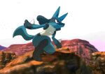  cliff closed_mouth commentary_request day enohito frown gen_4_pokemon highres kneeling lucario outdoors pokemon pokemon_(creature) red_eyes rock solo spikes toes yellow_fur 