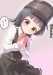  1girl arare_(kancolle) black_hair brown_eyes commentary_request cowboy_shot dress gift grey_background hands_on_own_chest hat highres kantai_collection long_sleeves metadio pinafore_dress remodel_(kantai_collection) shirt short_hair solo translated twitter_username white_shirt 
