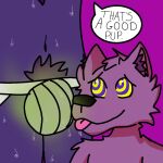  anthro blue_body bodily_fluids canid canine clothing drooling duo hypnosis jockstrap looking_up male male/male mammal mind_control musk navel pubes purple_body ringed_eyes saliva simple_background smile speech_bubble sweat tongue tongue_out underwear 
