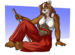  2020 anthro arm_support blizzard_entertainment breasts brown_body brown_fur brown_hair claws clothed clothing feet female finger_claws fur green_eyes hair holding_object holding_weapon mammal pandaren planktonheretic simple_background sitting solo toe_claws ursid video_games warcraft weapon 