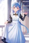  1girl apron arl black_dress blue_hair blurry blurry_background blush closed_mouth dress feet_out_of_frame hand_up highres holding holding_clothes holding_skirt holding_tray indoors juliet_sleeves light_smile long_hair long_sleeves looking_ahead maid maid_headdress original pointy_ears puffy_sleeves purple_eyes railing skirt solo standing tiered_tray tray very_long_hair white_apron white_headwear window 
