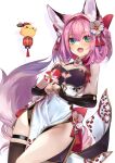  1girl animal_ears azur_lane bangs bare_shoulders blush box breasts china_dress chinese_clothes chinese_new_year cleavage commentary_request double_bun dress eyebrows_visible_through_hair flower fox_ears fox_girl fox_tail gift green_eyes hair_between_eyes hair_flower hair_ornament hair_up hanazuki_(azur_lane) heart-shaped_box holding holding_gift looking_at_viewer manjuu_(azur_lane) medium_breasts open_mouth pink_hair shirokitsune sidelocks simple_background single_thighhigh tail thigh_strap thighhighs valentine white_background 