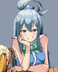  1girl absurdres alcohol aqua_(konosuba) arm_support bangs bare_shoulders beer blue_eyes blue_hair blush eyebrows_behind_hair green_ribbon hair_between_eyes hair_ornament hair_rings head_rest highres kono_subarashii_sekai_ni_shukufuku_wo! long_hair looking_at_viewer ribbon simple_background smile smug solo teeth ve666ve very_long_hair 