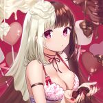 1girl arm_strap bare_shoulders bra breasts brown_hair chocolate choker cleavage cream cupping_hands haruyuki_14 highres holding looking_at_viewer medium_breasts multicolored_hair nail_polish original parted_lips pink_eyes red_nails sidelocks solo two-tone_hair underwear underwear_only upper_body valentine white_bra white_hair 