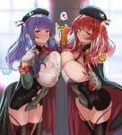  2girls azur_lane beret black_cape black_dress black_headwear blush breast_press breasts button_gap cape center_frills chocolate cleavage double-breasted dress epaulettes framed_breasts frills garter_straps gloves green_dress hat heart hey_taisyou highres italian_flag large_breasts leaning_forward long_hair looking_at_viewer microdress multiple_girls pola_(azur_lane) purple_hair red_cape red_eyes red_hair shirt skindentation spoken_heart symmetrical_docking taut_clothes taut_dress thighhighs two-tone_cape two-tone_dress v valentine white_gloves white_shirt zara_(azur_lane) 