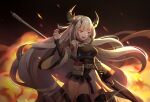  1girl arknights artist_name bangs belt belt_pouch black_horns black_legwear breasts claw_pose detached_sleeves eyebrows_visible_through_hair fire holding holding_weapon horns hoshiko_(419401x) id_card impossible_clothes large_breasts long_hair looking_at_viewer matoimaru_(arknights) open_mouth orange_eyes pouch red_eyes smile solo standing very_long_hair weapon 