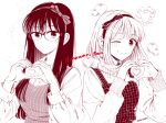  2girls :o ;) artist_name bangs blush bow_hairband breasts casual character_name closed_mouth collared_shirt commentary_request copyright_name dress glasses hairband heart heart_background heart_hands himawari-san himawari-san_(character) kazamatsuri_matsuri long_hair long_sleeves looking_at_viewer monochrome multiple_girls one_eye_closed shirt short_hair side-by-side signature sleeveless sleeveless_dress smile sugano_manami sweater turtleneck turtleneck_sweater upper_body white_background 