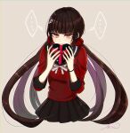  ... 1girl bangs black_skirt blunt_bangs blush box brown_hair commentary_request cropped_torso danganronpa_(series) danganronpa_v3:_killing_harmony gift gift_box hair_ornament hairclip hands_up harukawa_maki heart highres holding kitsunebi_v3kokonn long_hair looking_at_viewer low_twintails mole mole_under_eye pleated_skirt red_eyes red_scrunchie red_shirt sailor_collar school_uniform scrunchie serafuku shirt signature simple_background skirt sleeves_past_elbows solo space_print spoken_ellipsis starry_sky_print twintails very_long_hair 