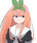  1girl alternate_hair_length alternate_hairstyle bangs black_shirt blue_eyes blush breasts closed_mouth commentary_request eyebrows_behind_hair go-toubun_no_hanayome green_ribbon grey_neckwear hair_between_eyes hair_ribbon highres kujou_karasuma long_hair medium_breasts nakano_yotsuba neckerchief orange_hair ribbon sailor_collar school_uniform serafuku shirt short_sleeves signature simple_background solo upper_body v-shaped_eyebrows white_background white_sailor_collar 