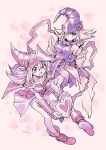  2girls :d artist_name bangs bare_shoulders blush_stickers boots choker collarbone commentary_request dark_magician_girl duel_monster fushitasu gagaga_girl hair_between_eyes heart holding multiple_girls open_mouth purple_headwear smile yu-gi-oh! yu-gi-oh!_zexal 