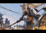  1girl absurdres animal_ears arknights armor blonde_hair blue_sky breastplate building commentary_request fighting fighting_stance from_side frown gauntlets hasewo0706 headset highres horse_ears horse_girl mace nearl_(arknights) open_mouth ponytail shield sky skyscraper solo weapon white_armor yellow_eyes 