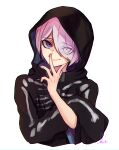  1boy bangs black_cloak cloak commentary_request cropped_torso danganronpa_(series) danganronpa_v3:_killing_harmony hair_over_one_eye hand_up highres hood hood_up hooded_cloak kitsunebi_v3kokonn looking_at_viewer ouma_kokichi pink_hair prototype purple_eyes short_hair signature simple_background skeleton_print sleeves_past_fingers sleeves_past_wrists solo upper_body white_background 