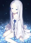  1girl :d bangs bare_shoulders blue_eyes blue_ribbon capriccio collarbone colored_eyelashes commentary_request feet_out_of_frame forehead long_hair looking_at_viewer open_mouth pandora_(re:zero) parted_bangs re:zero_kara_hajimeru_isekai_seikatsu ribbon ribbon_trim silver_hair sitting smile solo very_long_hair wariza 