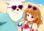  1girl :p aikatsu! aikatsu!_(series) beach blurry blurry_background blush bracelet braid close-up closed_mouth commentary_request crown_braid depth_of_field detached_sleeves eyebrows_visible_through_hair eyewear_on_head frilled_swimsuit frills halterneck heart heart-shaped_eyewear highres holding holding_spoon jewelry long_hair looking_at_viewer mascot mijumaruko multicolored multicolored_clothes multicolored_swimsuit ocean oozora_akari oozorakko_(aikatsu!) orange_hair otter_costume pink_eyes reaching_out red_swimsuit sand seashell self_shot shaved_ice shell shell_necklace shiny shiny_skin smile spoon star_(symbol) star_print striped striped_swimsuit summer sunglasses swimsuit tongue tongue_out upper_body white_swimsuit 