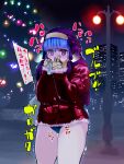  1girl @_@ alternate_costume anamochi bangs blue_buruma blue_hair blunt_bangs blush breath building buruma christmas christmas_tree cold commentary_request covering_mouth cowboy_shot embarrassed eyebrows_visible_through_hair fur-trimmed_jacket fur-trimmed_sleeves fur_trim gloves habit hands_together hands_up have_to_pee highres holding jacket kula_diamond lamppost long_sleeves night night_sky outdoors pee peeing peeing_self sack shiny shiny_hair sky skyscraper solo speech_bubble standing talking the_king_of_fighters translation_request tree trembling 