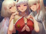  3girls alternate_costume anchor_necklace azur_lane breasts cape capelet commentary_request dido_(azur_lane) dress earrings eyebrows_visible_through_hair fireworks flower formidable_(azur_lane) fur-trimmed_capelet fur_trim hair_flower hair_ornament highres huge_breasts jewelry kioroshin light_purple_hair long_hair looking_at_viewer looking_to_the_side medium_hair multiple_girls open_mouth platinum_blonde_hair purple_eyes red_dress red_eyes sirius_(azur_lane) underboob upper_body very_long_hair white_cape white_hair yellow_capelet 