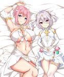  2girls breasts dress elf highres kokkoro_(princess_connect!) large_breasts lying medium_hair multiple_girls navel noeomi on_back on_bed pink_eyes pink_hair pointy_ears princess_connect! princess_connect!_re:dive short_hair silver_hair small_breasts yui_(princess_connect!) 