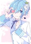 1boy blue_eyes blue_hair blue_nails candy candy_heart cherry_blossoms commentary double-breasted flower food formal grin hair_flower hair_ornament heart holding holding_candy holding_food index_finger_raised kaito male_focus nail_polish one_eye_closed one_eye_covered pink_background smile solo suit upper_body vocaloid white_flower white_suit yoshiki 