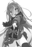  1girl ahoge embarrassed gift greyscale hair_between_eyes highres incoming_gift long_sleeves looking_at_viewer miniskirt monochrome open_mouth panties pantyshot roke scarf school_uniform shakugan_no_shana shana simple_background skirt solo standing thighhighs underwear white_background 