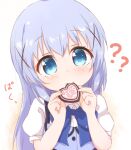  1girl ?? araki495 bangs blue_bow blue_eyes blue_hair blue_vest blush bow candy chocolate chocolate_heart closed_mouth collared_shirt commentary_request dress_shirt eyebrows_visible_through_hair food food_in_mouth gochuumon_wa_usagi_desu_ka? hair_between_eyes hair_ornament hands_up heart holding holding_food kafuu_chino long_hair looking_at_viewer puffy_short_sleeves puffy_sleeves rabbit_house_uniform shirt short_sleeves solo translation_request uniform upper_body vest waitress white_shirt x_hair_ornament 
